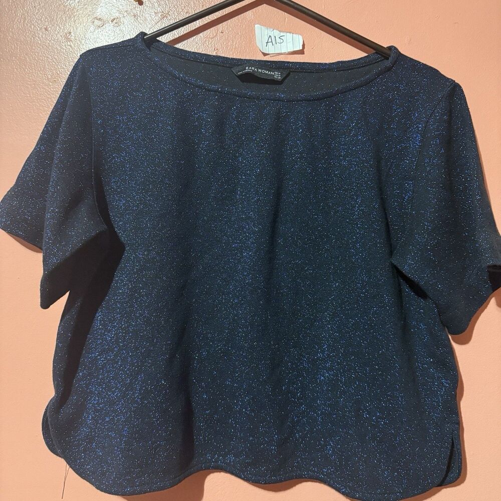 3/$15 Zara Womens TShirt M Medium Blue Sparkly Tee Shirt Short Sleeve Top